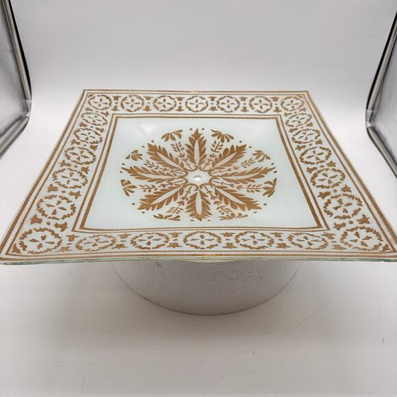 Vtg MCM square Ceiling Light Fixture Cover White Glass Gold Shade 16" 50s 60s EC - Picture 10 of 16